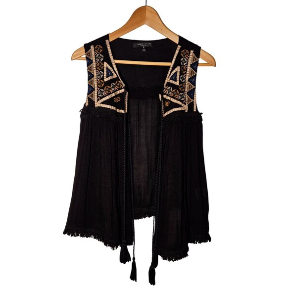 Romeo + Juliet Couture Black Vest S Embroidered Fringe Boho Festival Hippie - Picture 1 of 10